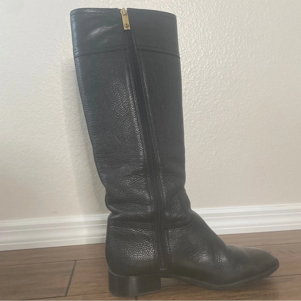 Tory Burch black grained leather riding boots zip up knee high boots vintage